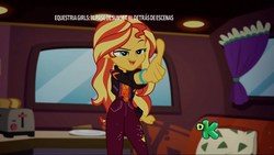 Size: 1920x1080 | Tagged: safe, screencap, sunset shimmer, equestria girls, equestria girls specials, g4, my little pony equestria girls: better together, my little pony equestria girls: sunset's backstage pass, bread, clothes, discovery kids, food, geode of empathy, magical geodes, spanish, toast, toaster, van