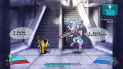 Size: 1536x864 | Tagged: safe, artist:calena, silverstream, classical hippogriff, hippogriff, robot, g4, assault rifle, borderlands 2, claptrap, clothes, crossover, dialogue, duo, game, goggles, gun, interface, jewelry, mechromancer, rifle, safety goggles, stairs, that hippogriff sure does love stairs, weapon