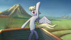 Size: 960x540 | Tagged: safe, artist:gliconcraft, derpy hooves, pony, g4, armpits, bipedal, colored, day, female, happy, laughing, smiling, solo, standing, truck, vehicle