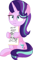 Size: 5012x8944 | Tagged: safe, artist:cyanlightning, starlight glimmer, pony, unicorn, g4, .svg available, absurd resolution, big fat meanie, canvas, chest fluff, cute, ear fluff, female, frown, holding, i mean i see, mare, new student starfish, simple background, sitting, solo, spongebob squarepants, transparent background, unamused, vector