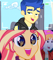 Size: 1280x1441 | Tagged: safe, artist:3d4d, edit, screencap, flash sentry, sunset shimmer, best trends forever, equestria girls, equestria girls specials, g4, my little pony equestria girls: better together, my little pony equestria girls: sunset's backstage pass, background human, eye reflection, female, male, reaction, reflection, ship:flashimmer, shipping, shipping domino, straight