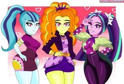 Size: 4146x2798 | Tagged: safe, artist:tonylixious, adagio dazzle, aria blaze, sonata dusk, equestria girls, equestria girls series, find the magic, g4, spoiler:eqg series (season 2), bracelet, clothes, dress, female, headband, hips, jacket, jewelry, leather jacket, looking at you, one eye closed, pigtails, polka dots, ponytail, sexy, shorts, smiling, spiked headband, spiked wristband, stupid sexy adagio dazzle, stupid sexy aria blaze, stupid sexy dazzlings, stupid sexy sonata dusk, taco dress, the dazzlings, the dazzlings have returned, thick, thighs, trio, trio female, twintails, wide hips, wink, wristband