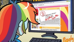 Size: 1440x818 | Tagged: safe, edit, idw, babs seed, diamond tiara, ms. harshwhinny, rainbow dash, snails, snips, sunset shimmer, equestria girls, g4, spoiler:comicholiday2014, computer, cropped, exploitable, facing away, female, internet, solo