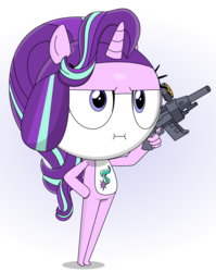 Size: 3000x3760 | Tagged: safe, artist:keronianniroro, starlight glimmer, alien, frog, hybrid, anthro, g4, crossover, cute, female, gun, high res, i mean i see, keponian, keronian, sergeant frog, solo, species swap, trigger discipline, weapon