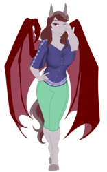 Size: 2063x3300 | Tagged: safe, artist:blackblood-queen, oc, oc only, oc:scarlet quill, bat pony, anthro, unguligrade anthro, anthro oc, bat pony oc, breasts, clothes, commission, fangs, female, high res, jewelry, mare, mother, necklace, pants, smiling, solo