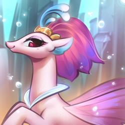 Size: 1200x1200 | Tagged: safe, artist:mirroredsea, queen novo, pony, seapony (g4), g4, my little pony: the movie, beautiful, bubble, bust, collar, colored pupils, crepuscular rays, crown, cute, digital art, eyelashes, eyeshadow, female, fin wings, fins, flowing mane, glowing, jewelry, lidded eyes, looking at you, makeup, novobetes, ocean, portrait, profile, purple eyes, purple wings, queen, regalia, seaquestria, smiling, smiling at you, solo, sunlight, swimming, underwater, water, wings