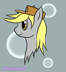 Size: 409x450 | Tagged: safe, artist:pokeshadow, derpy hooves, pony, g4, bubble, clothes, fanart, gray background, hat, head shot, profile, simple background, smiling, uniform