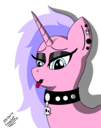 Size: 2300x2900 | Tagged: safe, artist:lyruzlavh, oc, oc only, pony, unicorn, bust, collar, eyelashes, eyeshadow, goth, goth pony, high res, lips, lipstick, looking down, makeup, piercing, portrait, punk, simple background, solo, tongue out, white background
