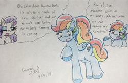 Size: 2362x1536 | Tagged: safe, artist:gmangamer25, rainbow dash, rarity, pegasus, pony, unicorn, let's switch bodies, g4, alternate hairstyle, body sharing, dialogue, eye swap, female, grammar error, mare, misspelling of you're, one eye closed, rainbow dash always dresses in style, traditional art, wink