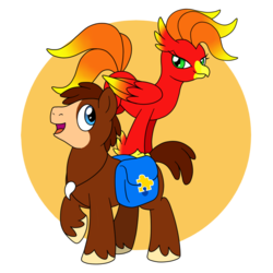 Size: 800x800 | Tagged: safe, artist:perfectpinkwater, classical hippogriff, earth pony, hippogriff, pony, backpack, banjo kazooie, banjo the bear, classical hippogriffied, duo, female, jiggie, kazooie, male, ponified, saddle bag, simple background, species swap, stallion, super smash bros., super smash bros. ultimate