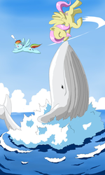 Size: 1024x1707 | Tagged: safe, artist:vinilyart, fluttershy, rainbow dash, pegasus, pony, whale, g4, duo, exclamation point, female, flying, mare, ocean, outdoors, petting, sky, smiling, splash, spread wings, water, wings