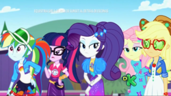 Size: 1280x720 | Tagged: safe, screencap, applejack, fluttershy, rainbow dash, rarity, sci-twi, twilight sparkle, equestria girls, equestria girls specials, g4, my little pony equestria girls: better together, my little pony equestria girls: sunset's backstage pass, discovery kids, female, geode of super speed, geode of super strength, geode of telekinesis, magical geodes, spanish, spanish text