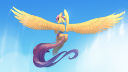 Size: 3840x2160 | Tagged: safe, artist:underpable, scootaloo, pegasus, pony, g4, 4k, atg 2019, back, both cutie marks, clothes, female, flying, high res, large wings, looking at you, looking back, looking back at you, newbie artist training grounds, scootaloo can fly, smiling, solo, spread wings, underhoof, uniform, wallpaper, wings, wonderbolt trainee uniform