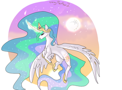 Size: 1200x890 | Tagged: safe, artist:sunniesfunthecupcake, princess celestia, alicorn, pony, g4, crying, curved horn, female, horn, mare, mare in the moon, moon, solo, spread wings, wings
