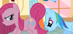 Size: 1335x620 | Tagged: safe, screencap, pinkie pie, rainbow dash, earth pony, pegasus, pony, g4, party of one, season 1, angry, animated, cute, female, gif, gritted teeth, mare, out of context, pinkamena diane pie, pushing, reversed, rump push