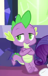 Size: 163x257 | Tagged: safe, screencap, rarity, spike, dragon, g4, the last laugh, crossed arms, lidded eyes, male, offscreen character, slit pupils, solo focus, tail, toes, underfoot, winged spike, wings