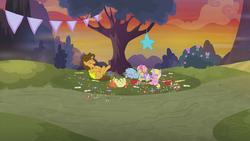 Size: 1920x1080 | Tagged: safe, screencap, cheese sandwich, indian summer, kettle corn, lilac ice, raspberry cream, earth pony, pony, unicorn, g4, the last laugh, female, filly, foal, laughing, male, piñata, stallion, sunset, tree