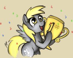 Size: 1024x820 | Tagged: safe, artist:zetamad, derpy hooves, pegasus, pony, g4, atg 2019, crying, female, mare, newbie artist training grounds, simple background, solo, tears of joy, teary eyes, trophy, yellow background