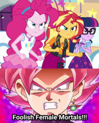 Size: 1660x2076 | Tagged: safe, artist:patricksiegler, edit, edited screencap, screencap, pinkie pie, sci-twi, sunset shimmer, twilight sparkle, human, equestria girls, equestria girls specials, g4, my little pony equestria girls: better together, my little pony equestria girls: rollercoaster of friendship, angry, angry face, dragon ball, dragon ball super, geode of empathy, geode of sugar bombs, geode of telekinesis, goku black, magical geodes, racism, super saiyan rosé