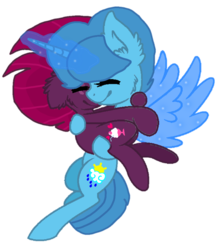 Size: 833x954 | Tagged: safe, artist:徐詩珮, fizzlepop berrytwist, spring rain, tempest shadow, pony, unicorn, g4, artificial wings, augmented, base used, bridal carry, broken horn, carrying, female, horn, hug, lesbian, magic, magic wings, mare, ship:springshadow, shipping, simple background, transparent background, wings