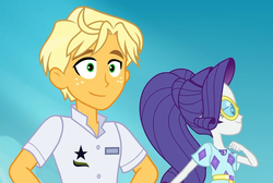 Size: 1072x720 | Tagged: safe, screencap, ragamuffin (g4), rarity, equestria girls, equestria girls series, g4, spring breakdown, spoiler:eqg series (season 2), clothes, female, freckles, geode of shielding, magical geodes, male, sky, smiling