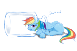Size: 1920x1280 | Tagged: safe, artist:amarthgul, rainbow dash, pegasus, pony, g4, bottle, female, looking at you, newbie artist training grounds, prone, silly, silly pony, simple background, solo, stuck, transparent background