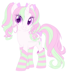 Size: 1920x2039 | Tagged: safe, artist:centchi, oc, oc only, oc:rosy cheeks, pony, unicorn, bow, clothes, deviantart watermark, eyeshadow, female, makeup, mare, obtrusive watermark, simple background, socks, solo, striped socks, tail bow, transparent background, watermark