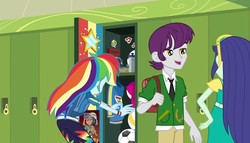 Size: 1256x720 | Tagged: safe, screencap, blueberry cake, chestnut magnifico, daring do, indigo wreath, rainbow dash, equestria girls, g4, my little pony equestria girls: better together, run to break free, backpack, clothes, female, lockers, male, pants