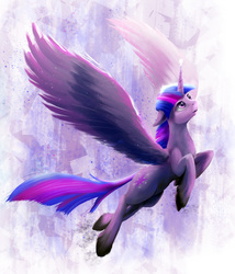 Size: 2000x2341 | Tagged: safe, artist:akurion, twilight sparkle, alicorn, pony, g4, abstract background, female, floppy ears, flying, high res, horn, light, looking up, mare, purple eyes, solo, spread wings, twilight sparkle (alicorn), unshorn fetlocks, wings