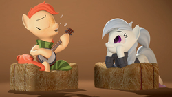 Size: 3840x2160 | Tagged: safe, artist:rexyseven, oc, oc only, oc:rusty gears, oc:whispy slippers, earth pony, pony, 3d, banjo, clothes, female, hay, high res, mare, musical instrument, socks, striped socks, sweater