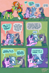 Size: 1280x1920 | Tagged: safe, artist:coyotecoyote, maud pie, starlight glimmer, sunburst, thorax, trixie, changedling, changeling, earth pony, pony, unicorn, g4, blushing, comic, cup, dialogue, everyone is gay for sunburst, female, gay, heart eyes, king thorax, lesbian, male, picnic, ship:startrix, shipping, teacup, thoraxburst, wingding eyes