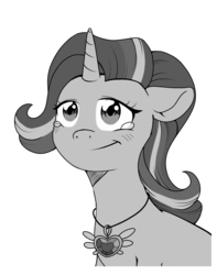 Size: 1262x1600 | Tagged: safe, artist:mysteriousshine, starlight glimmer, pony, unicorn, g4, crying, equestrian pink heart of courage, female, monochrome, newbie artist training grounds, smiling, solo