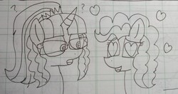 Size: 1049x553 | Tagged: safe, artist:徐詩珮, pinkie pie, sci-twi, twilight sparkle, unicorn, equestria girls, g4, equestria girls ponified, female, heart, heart eyes, lesbian, lineart, lined paper, ship:sci-twinkie, ship:twinkie, shipping, traditional art, unicorn sci-twi, wingding eyes