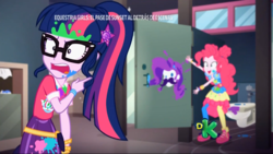 Size: 1366x768 | Tagged: safe, screencap, pinkie pie, rarity, sci-twi, twilight sparkle, equestria girls, equestria girls series, g4, sunset's backstage pass!, spoiler:eqg series (season 2), bathroom, facial hair, geode of telekinesis, graffiti, magical geodes, messy, moustache, paint, pointing, shoes, shrunken pupils, sneakers, toilet