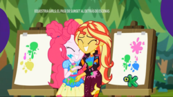Size: 1366x768 | Tagged: safe, screencap, pinkie pie, sunset shimmer, equestria girls, equestria girls specials, g4, my little pony equestria girls: better together, my little pony equestria girls: sunset's backstage pass, best friends, cute, easel, geode of sugar bombs, magical geodes, messy, music festival outfit, paint, smiling
