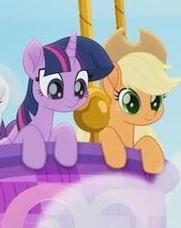 Size: 225x284 | Tagged: safe, screencap, applejack, rarity, twilight sparkle, alicorn, earth pony, pony, unicorn, rainbow roadtrip, cropped, cute, duo, female, hot air balloon, jackabetes, looking down, mare, picture for breezies, smiling, twiabetes, twilight sparkle (alicorn)