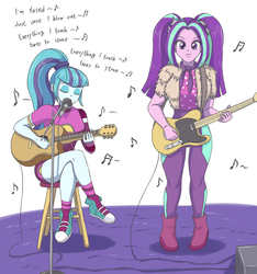 Size: 3543x3779 | Tagged: safe, artist:sumin6301, aria blaze, sonata dusk, equestria girls, equestria girls series, g4, sunset's backstage pass!, spoiler:eqg series (season 2), acoustic guitar, blow out, converse, electric guitar, fender telecaster, guitar, high res, microphone, microphone stand, music notes, musical instrument, pigtails, ponytail, radiohead, shoes, singing, song reference, twintails