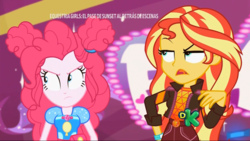 Size: 1366x768 | Tagged: safe, screencap, pinkie pie, sunset shimmer, equestria girls, equestria girls series, g4, sunset's backstage pass!, spoiler:eqg series (season 2), angry, geode of empathy, geode of sugar bombs, magical geodes, sassy, shrunken pupils