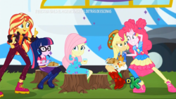Size: 1366x768 | Tagged: safe, screencap, applejack, fluttershy, pinkie pie, sci-twi, sunset shimmer, twilight sparkle, equestria girls, equestria girls specials, g4, my little pony equestria girls: better together, my little pony equestria girls: sunset's backstage pass, discovery kids, female, food, geode of empathy, geode of sugar bombs, geode of super strength, magical geodes, pancakes, shoes, sneakers, spanish, tree stump
