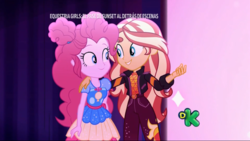 Size: 1366x768 | Tagged: safe, screencap, pinkie pie, sunset shimmer, equestria girls, equestria girls series, g4, sunset's backstage pass!, spoiler:eqg series (season 2), best friends, female, geode of empathy, geode of sugar bombs, magical geodes, music festival outfit