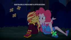 Size: 1366x768 | Tagged: safe, screencap, pinkie pie, sunset shimmer, equestria girls, equestria girls series, g4, sunset's backstage pass!, spoiler:eqg series (season 2), clothes, comforting, female, pajamas, sleeveless