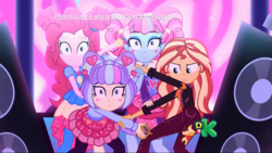 Size: 1366x768 | Tagged: safe, screencap, kiwi lollipop, pinkie pie, sunset shimmer, supernova zap, equestria girls, equestria girls specials, g4, my little pony equestria girls: better together, my little pony equestria girls: sunset's backstage pass, amplifier, female, fight, k-lo, looking at you, music festival outfit, postcrush, shrunken pupils, stage, su-z, time twirler