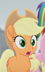 Size: 224x360 | Tagged: safe, screencap, applejack, fluttershy, rainbow dash, earth pony, pegasus, pony, rainbow roadtrip, applejack's hat, cowboy hat, cropped, female, hat, hope hollow, mare, offscreen character, open mouth, reaction image, shocked, solo focus