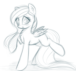 Size: 1247x1161 | Tagged: safe, artist:autumnvoyage, fluttershy, pegasus, pony, g4, chest fluff, female, looking at you, mare, monochrome, raised hoof, raised leg, simple background, sketch, smiling, solo, standing, three quarter view, white background, wings