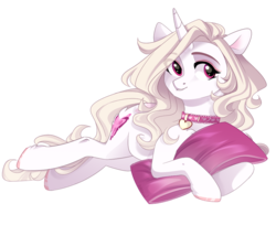Size: 1011x826 | Tagged: safe, artist:holocorn, oc, oc only, pony, unicorn, collar, heart, pillow, smiling, solo