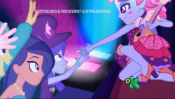 Size: 1366x768 | Tagged: safe, screencap, desert sage, guy grove, kiwi lollipop, sandy cerise, space camp, equestria girls, equestria girls specials, g4, my little pony equestria girls: better together, my little pony equestria girls: sunset's backstage pass, bare shoulders, electric guitar, feet, guitar, hat, high heels, k-lo, legs, musical instrument, offscreen character, sandals, shoes, sleeveless, stage, strapless
