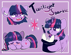 Size: 2600x2000 | Tagged: safe, artist:etoz, part of a set, twilight sparkle, alicorn, pony, rabbit, g4, alternate hairstyle, animal, blushing, braid, chibi, cute, ear fluff, eye clipping through hair, female, happy, hat, high res, horn, magic, mare, open mouth, simple background, sleeping, smiling, top hat, trick, twiabetes, twilight sparkle (alicorn), unshorn fetlocks, wings