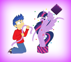 Size: 1330x1159 | Tagged: safe, artist:bbbhuey, artist:blanishna, flash sentry, twilight sparkle, alicorn, pony, equestria girls, g4, arms in the air, behaving like pinkie pie, bipedal, box, christmas gift, christmas sweater, clothes, confetti, duo, female, gradient background, hearth's warming, human flash sentry x pony twilight, interspecies, kneeling, looking at each other, male, mare, open mouth, popping out, present, ribbon, ship:flashlight, shipping, show accurate, smiling, story included, straight, surprise!, surprised, sweater, twilight sparkle (alicorn)