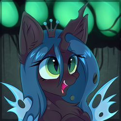 Size: 3000x3000 | Tagged: safe, artist:pesty_skillengton, queen chrysalis, alicorn, changeling, changeling queen, pony, g4, bust, chest fluff, crown, cute, cutealis, female, high res, jewelry, looking up, open mouth, open smile, portrait, regalia, smiling, solo