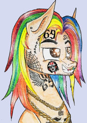 Size: 568x804 | Tagged: safe, artist:brittle_part, pony, 69 (number), 6ix9ine, body writing, bust, ear fluff, gold chain, grills, head only, jewelry, jigsaw, necklace, piercing, ponified, rainbow hair, solo, tattoo, traditional art